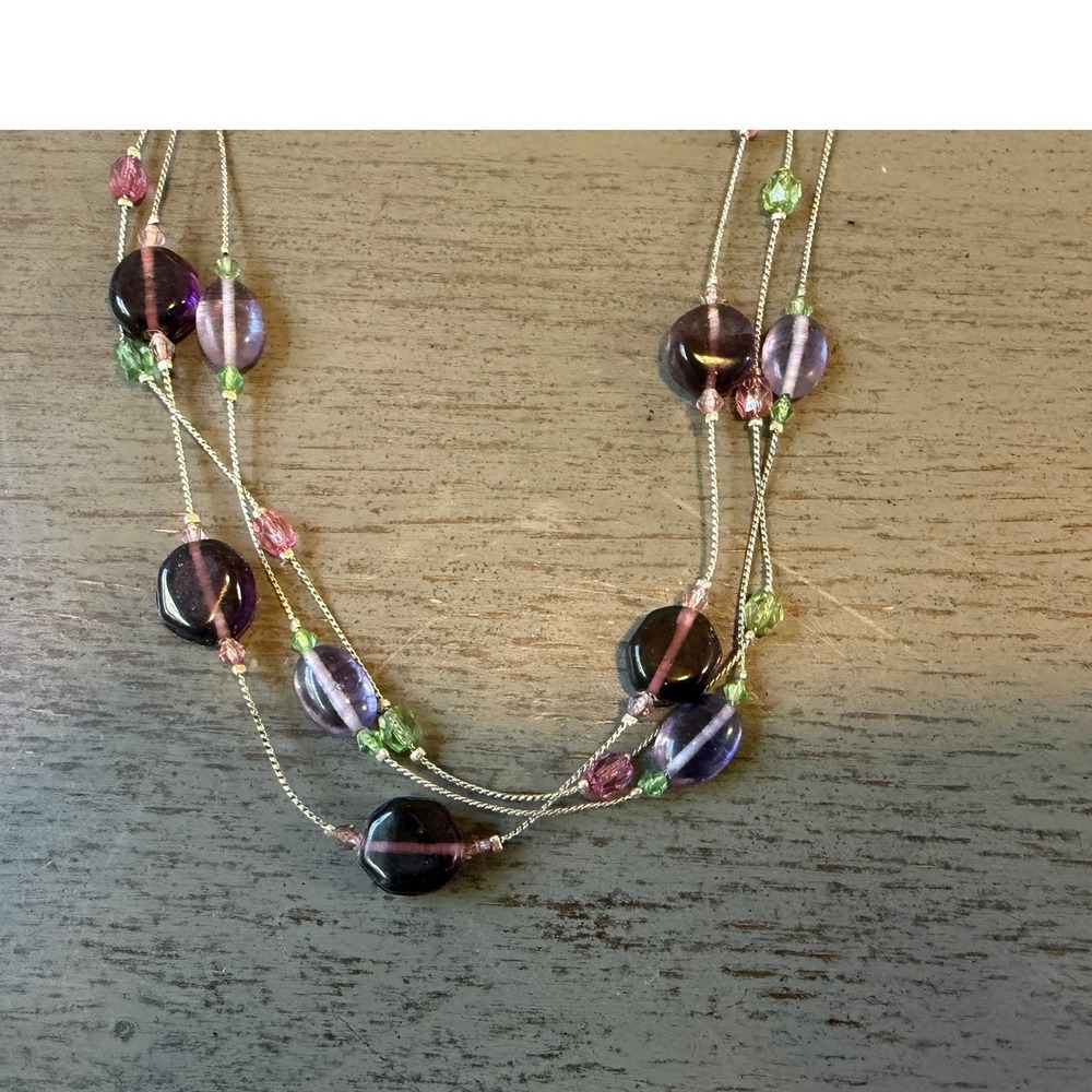 Purple Green Pink Glass Bead Multi Strand Necklace Matching Earring Jewelry Set - Picture 2 of 7